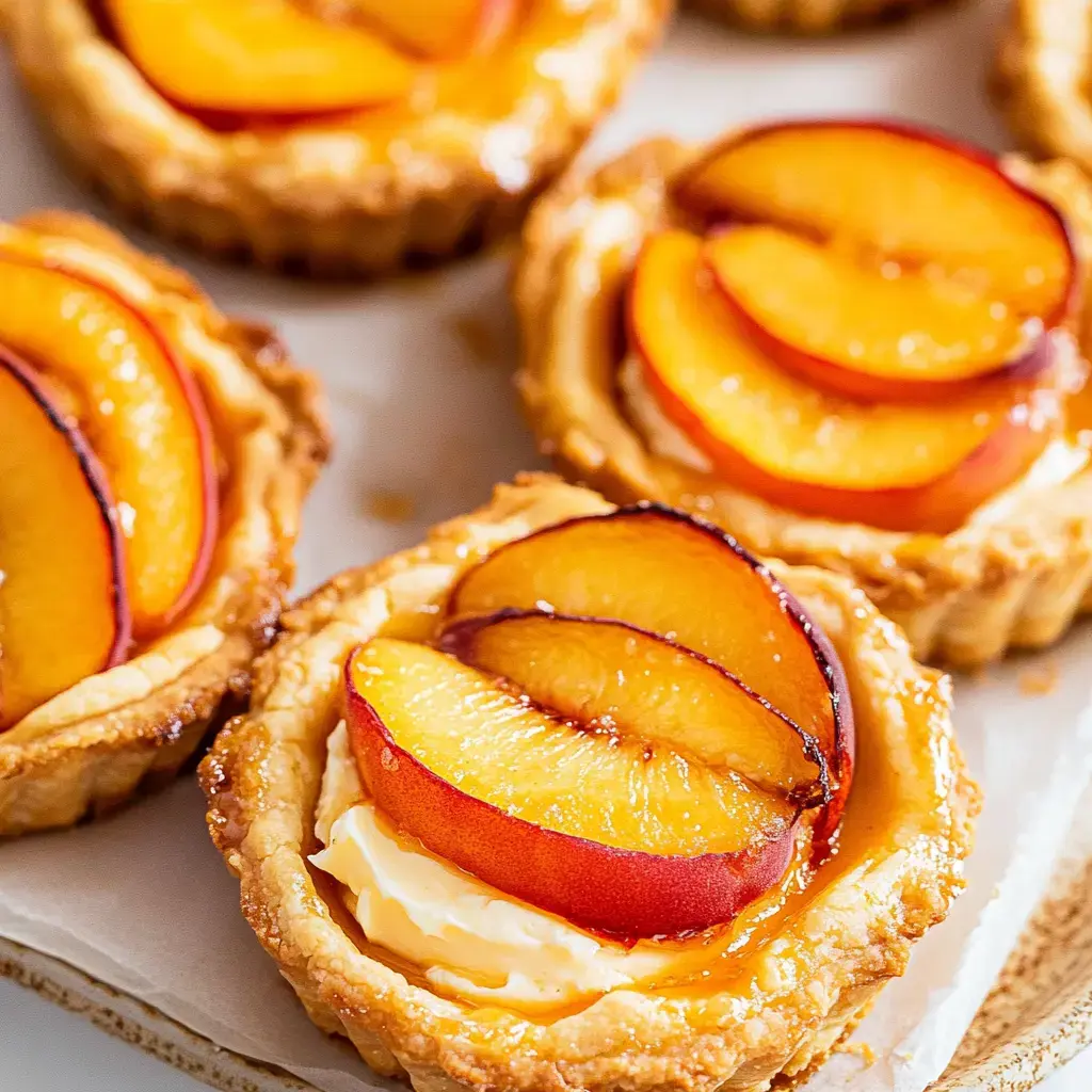 Une vue rapprochée de délicieuses tartelettes garnies de crème et surmontées de tranches de pêches fraîches joliment disposées.