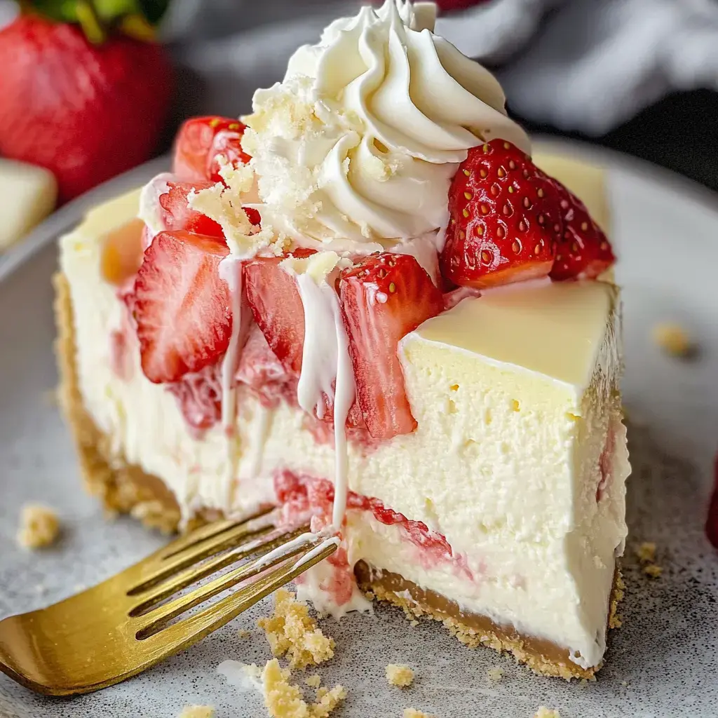 Une part de cheesecake aux fraises garnie de fraises fraîches et de crème fouettée, avec une fourchette posée à côté sur une assiette grise.