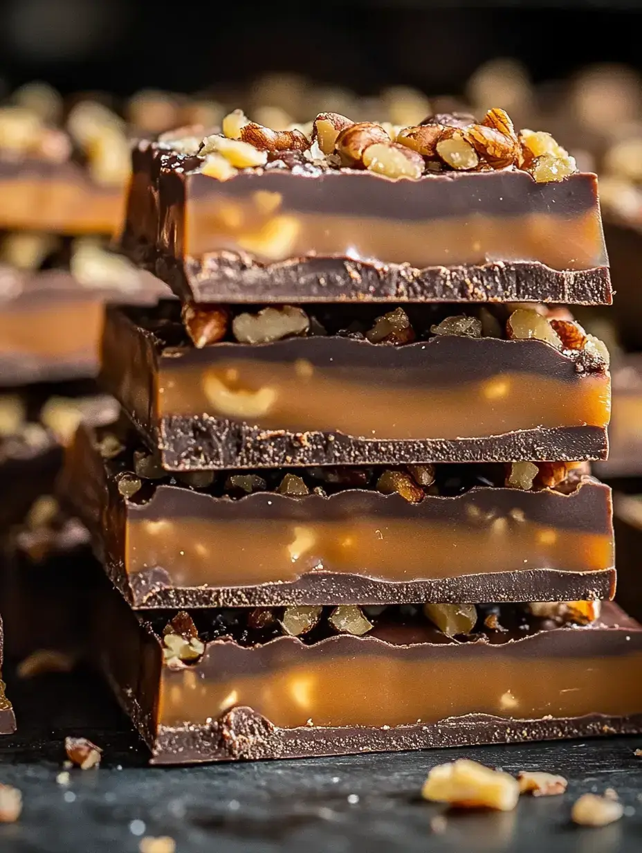 Un empilement de barres chocolat-caramel garnies de noix hachées, sur un arrière-plan flou.