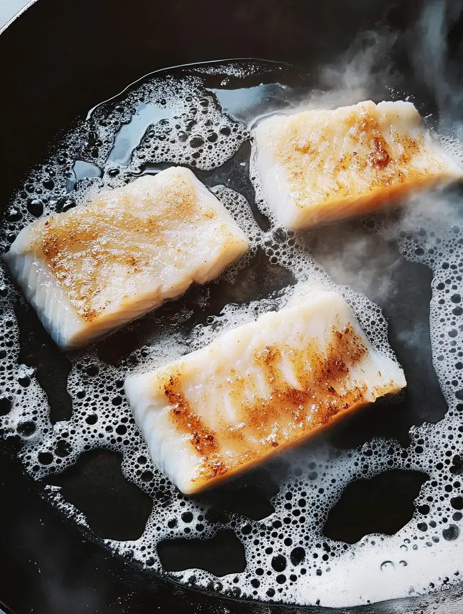 Trois morceaux de poisson qui grésillent dans une poêle noire avec des bulles et de la vapeur qui s'élèvent autour d'eux.