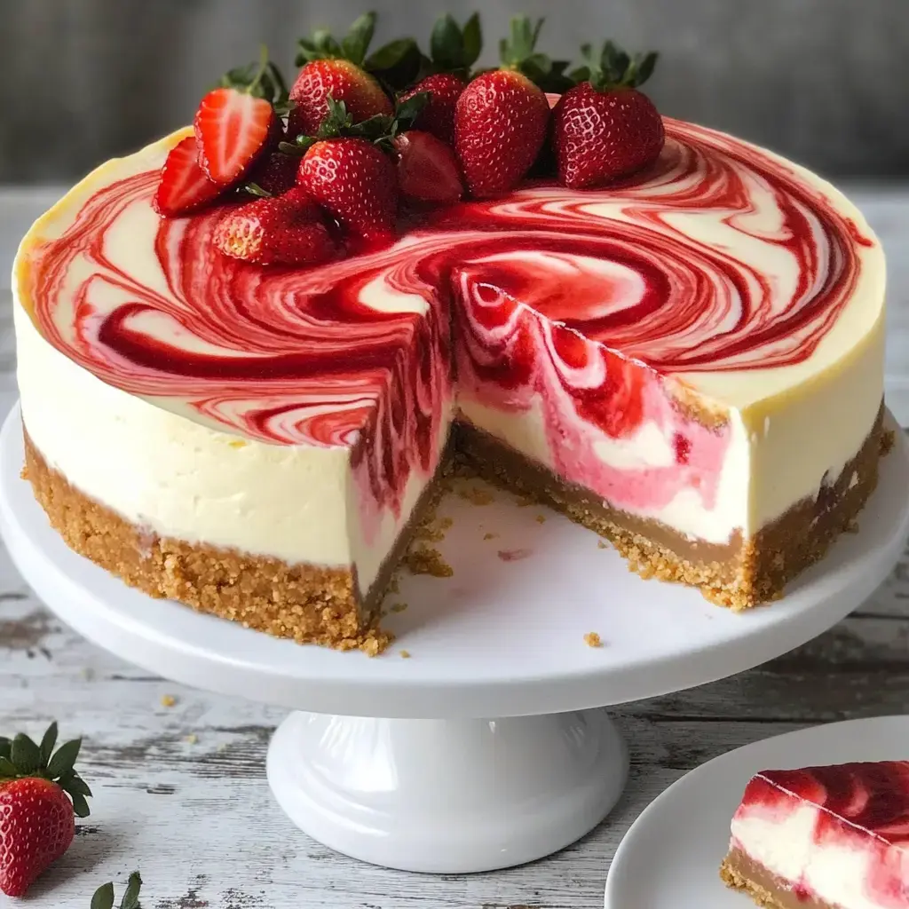 Un cheesecake crémeux aux fraises avec un tourbillon rouge sur le dessus, garni de fraises fraîches, présenté sur un présentoir à gâteau blanc, avec une part coupée.
