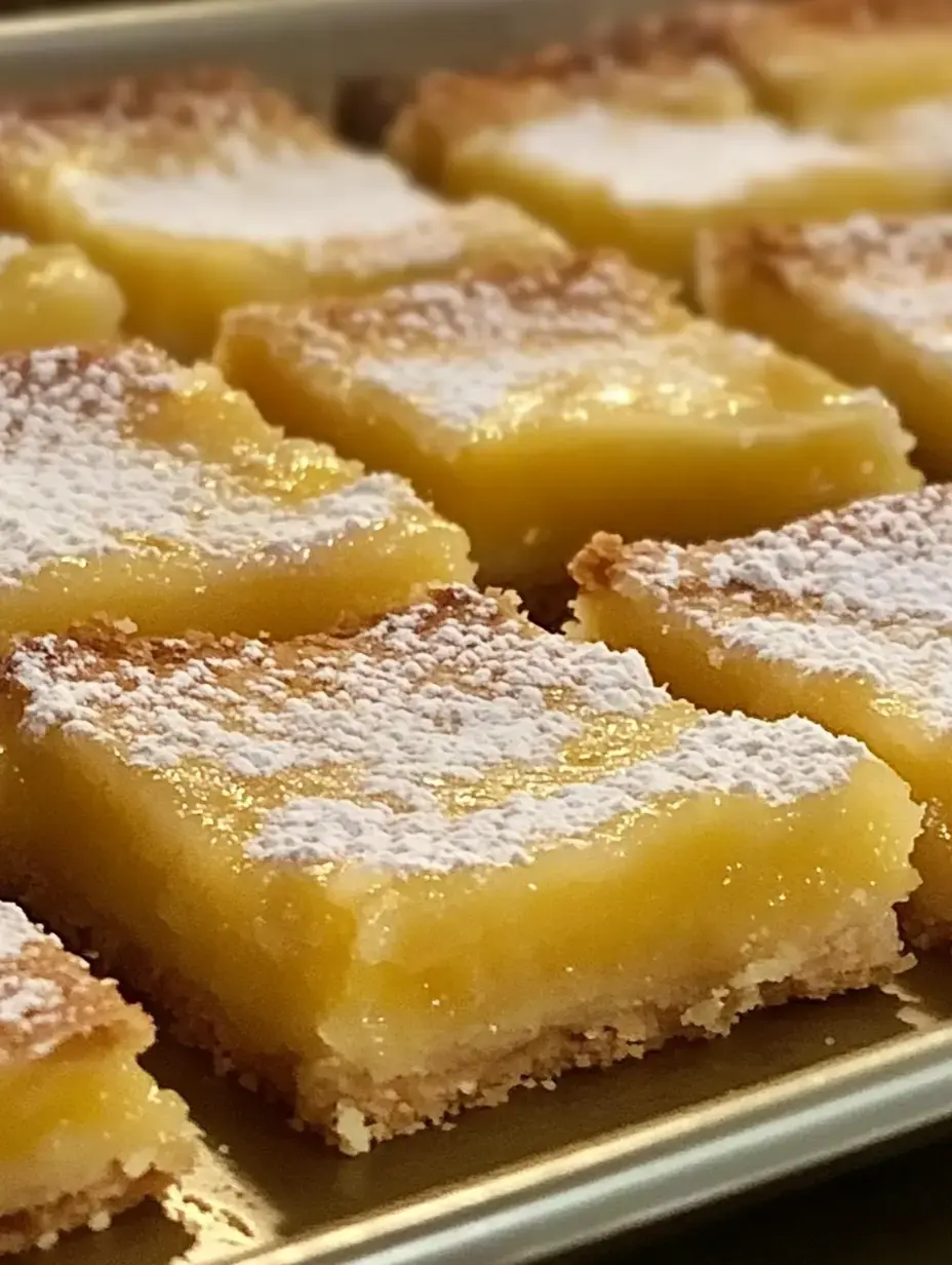 Gros plan sur des carrés au citron fraîchement cuits saupoudrés de sucre glace, disposés sur une plaque de cuisson.
