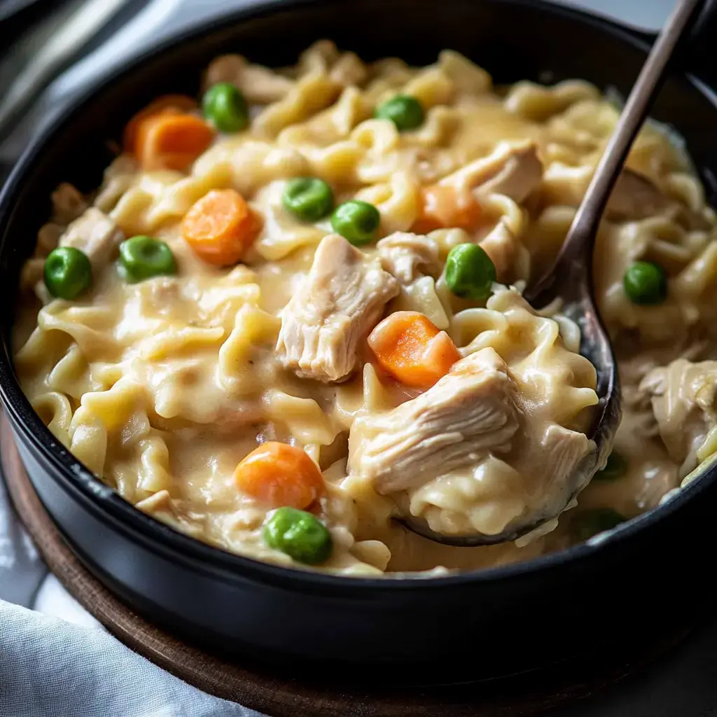 Un bol de casserole crémeuse de poulet et nouilles avec carottes et petits pois, servi avec une cuillère.