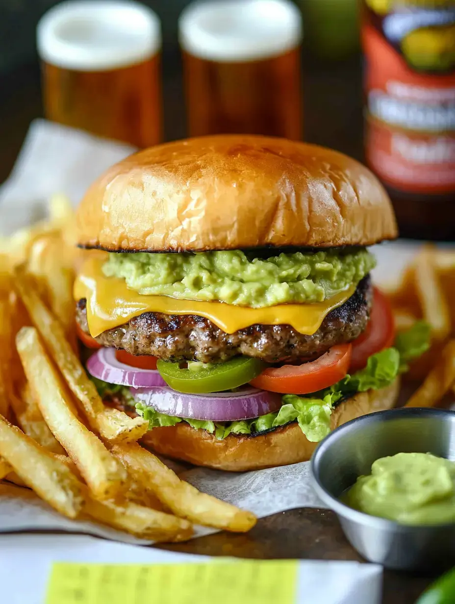 Gros plan d'un burger juteux au fromage garni de guacamole, laitue, tomates, jalapeños et oignons rouges, servi avec des frites dorées et un petit bol de sauce verte.
