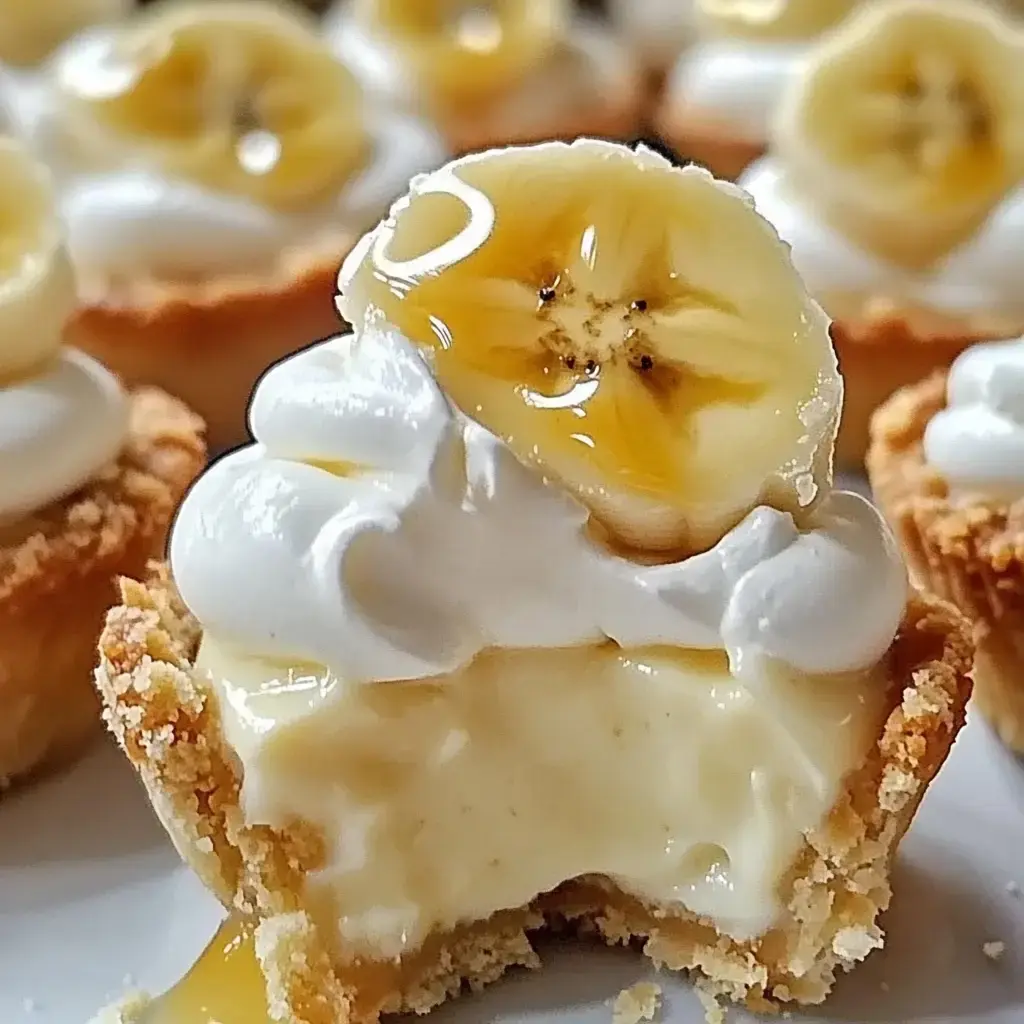A close-up of a banana cream tart topped with whipped cream and a slice of banana, with a bite taken out revealing the creamy filling.