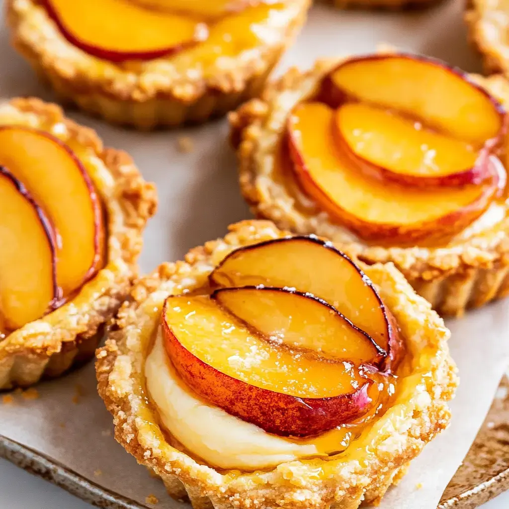 Un gros plan de petites tartelettes aux fruits garnies de crème onctueuse et surmontées de pêches cuites en tranches.