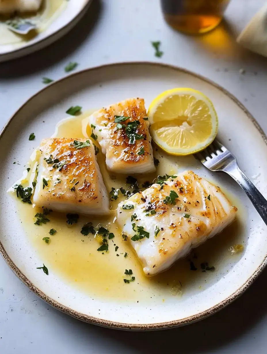 Une assiette de poisson poêlé, garni de persil et de tranches de citron, servi dans une sauce légère.
