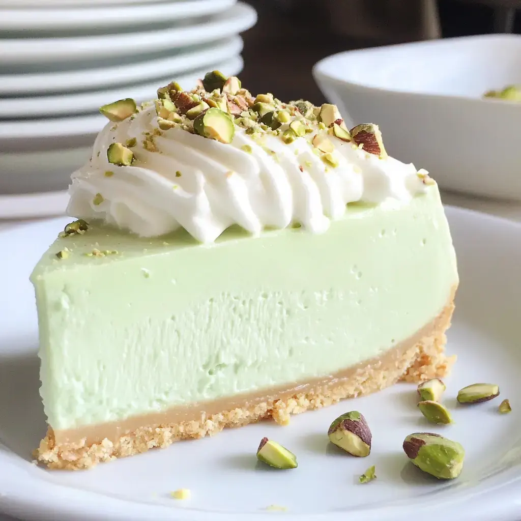 Une part de gâteau au fromage vert à la pistache garnie de crème fouettée et de pistaches concassées, posée sur une assiette blanche.