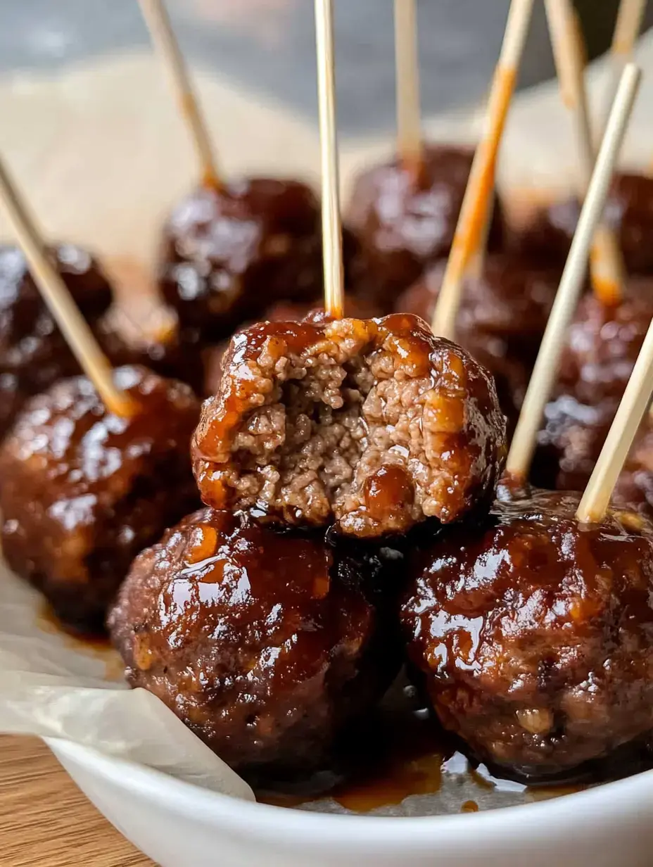 Une image en gros plan de boulettes glacées sur une assiette, avec une boulette partiellement croquée révélant son intérieur, et des pics insérés dans certaines d'entre elles.