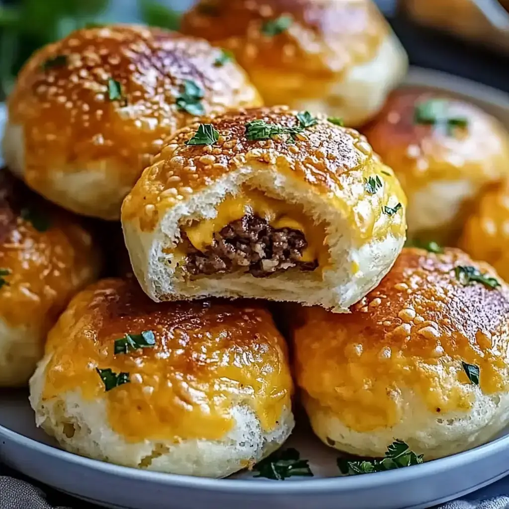 Une assiette de petits pains dorés farcis de viande et fromage, garnis de persil.