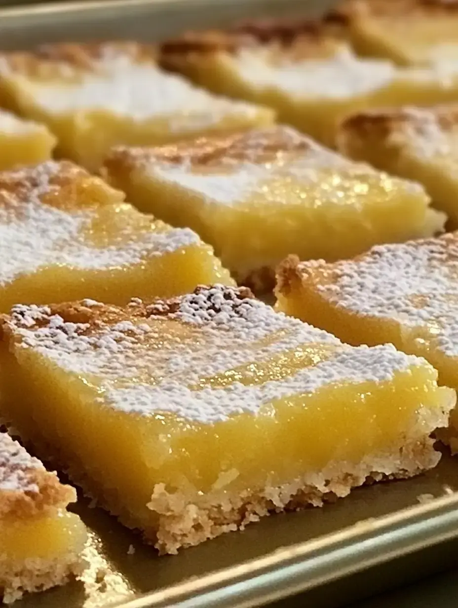 Gros plan de carrés au citron saupoudrés de sucre glace sur une plaque de cuisson.
