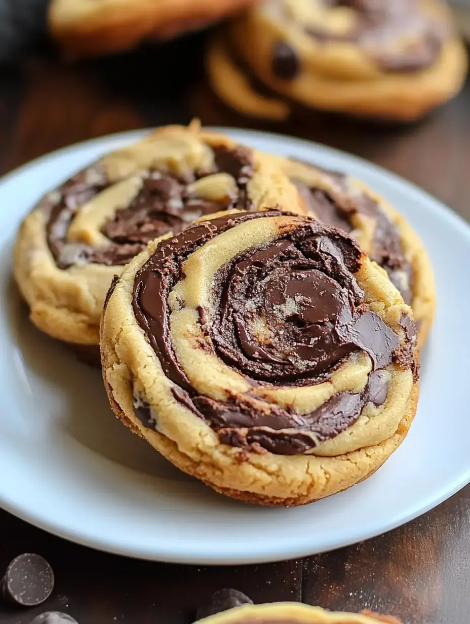 Gros plan de deux cookies marbrés aux pépites de chocolat sur une assiette blanche, avec une garniture au chocolat riche.