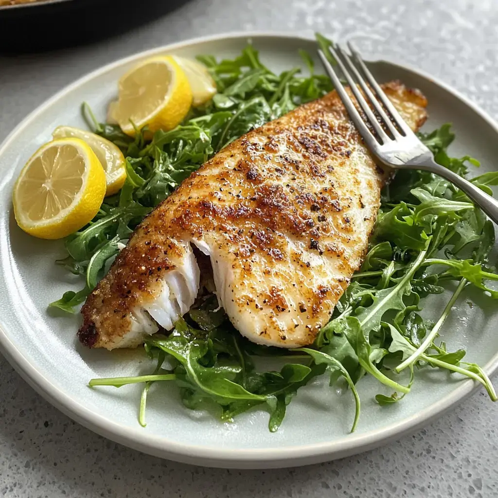 Une assiette de poisson assaisonné sur un lit de roquette, garnie de quartiers de citron.