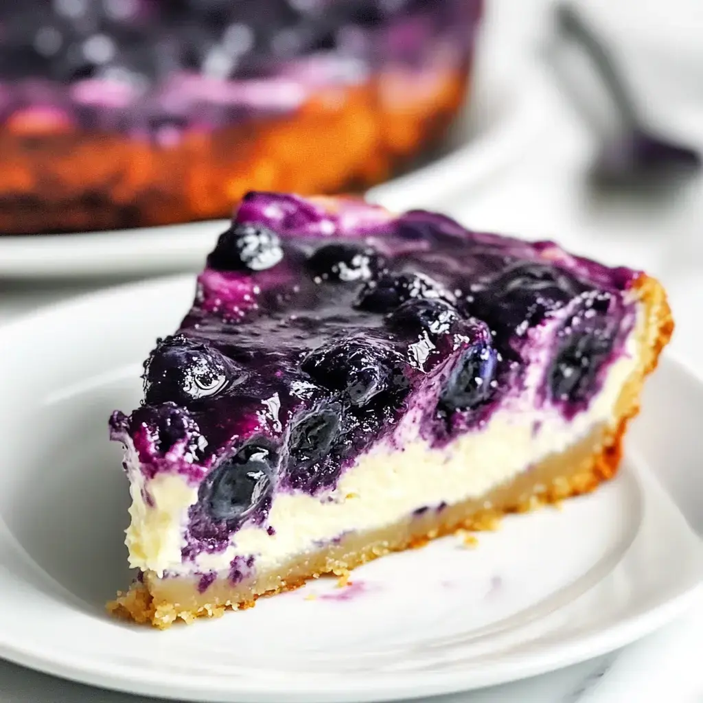 Une part de cheesecake aux myrtilles avec une garniture crémeuse et un nappage brillant de myrtilles sur une assiette blanche.