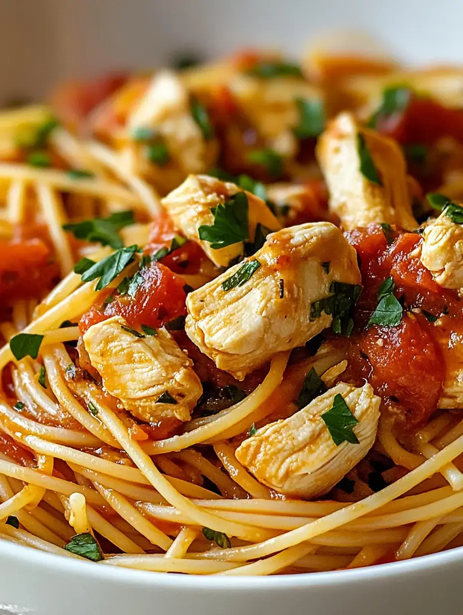 Une vue rapprochée d'un bol de spaghetti garni de morceaux de poulet, sauce tomate, et parsemé de persil frais.