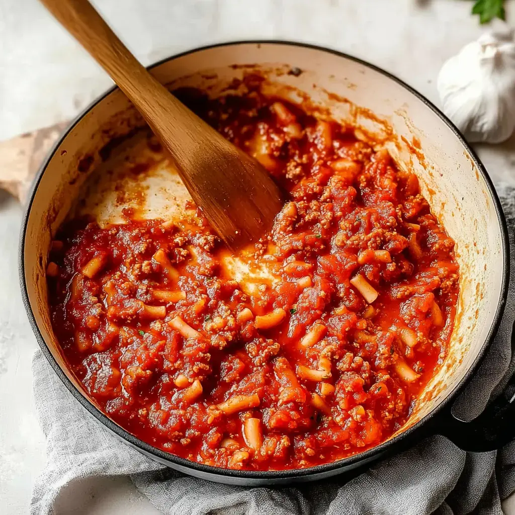 Une marmite de sauce à la viande mijotante avec des tomates en dés et des petites pâtes, remuée avec une cuillère en bois.