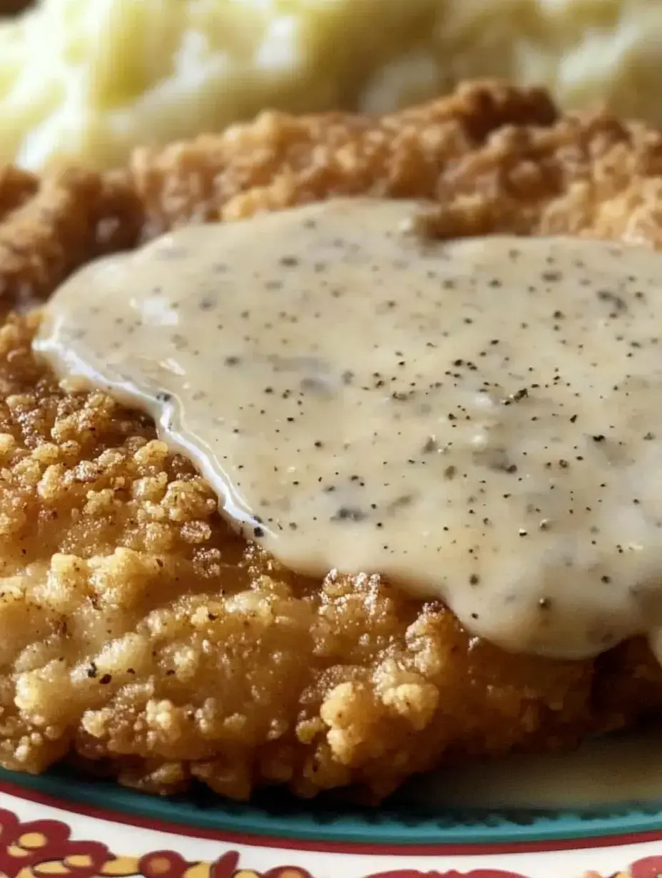 Un gros plan d'une escalope panée nappée de sauce crémeuse, servie avec de la purée de pommes de terre.