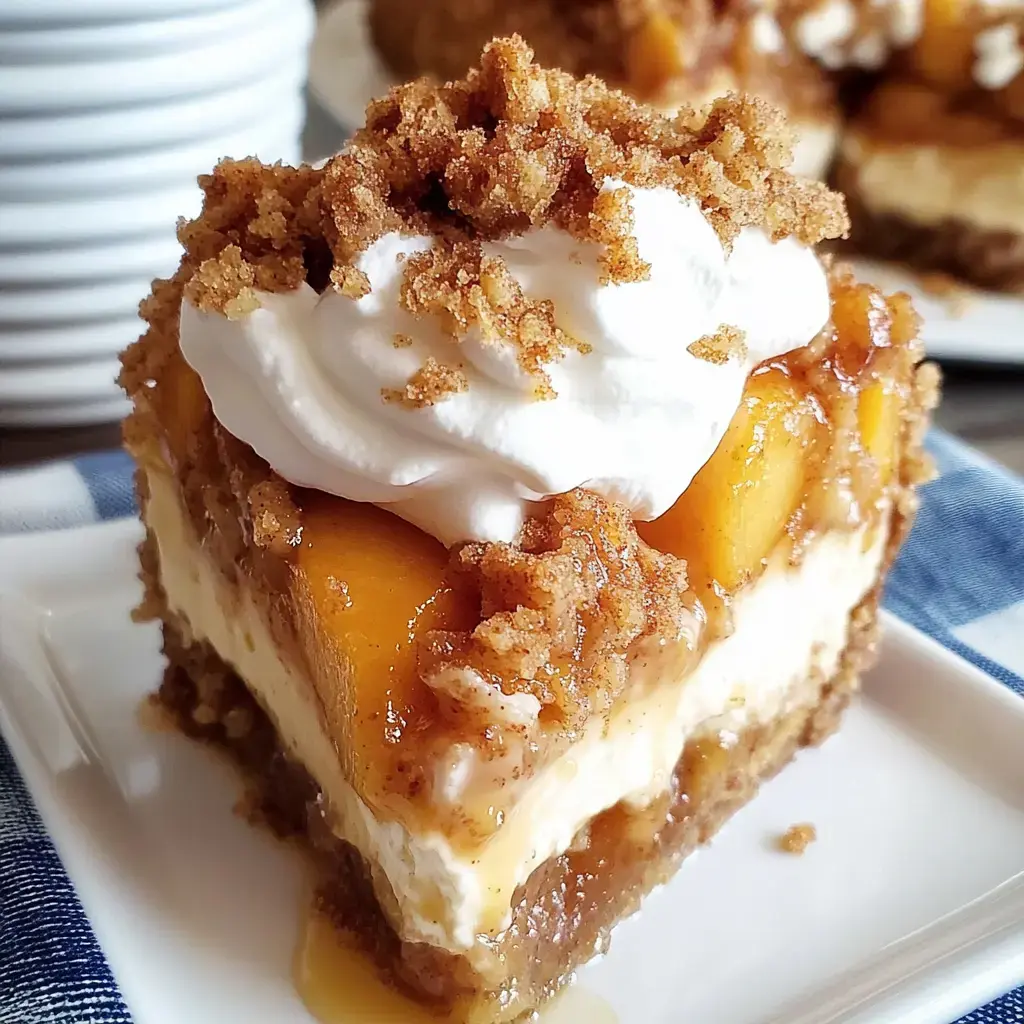 Une part de dessert aux pêches garnie de crème fouettée et de miettes, servie sur une assiette blanche.