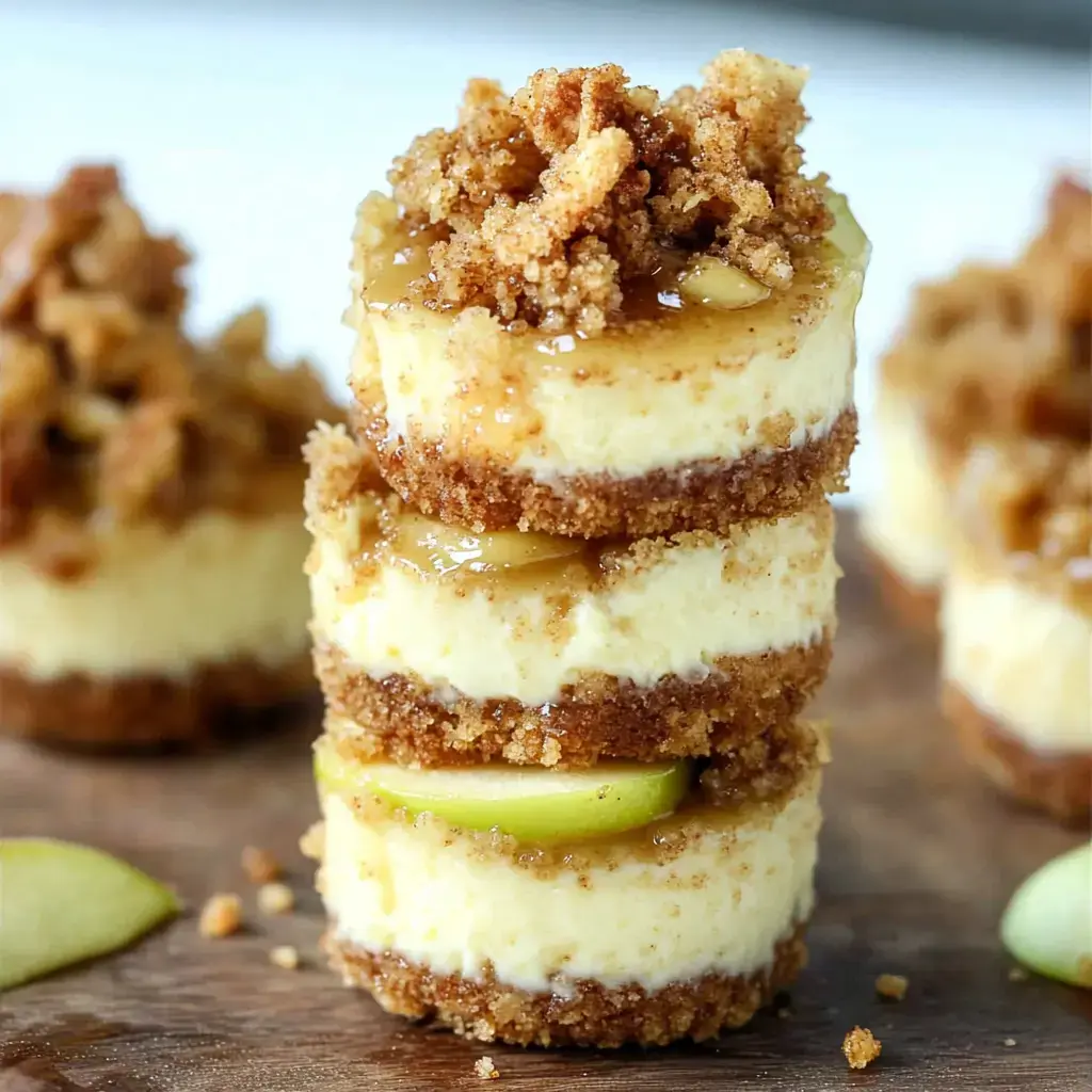 Une pile de mini cheesecakes garnis de crumble, caramel et tranches de pommes vertes sur une surface en bois.