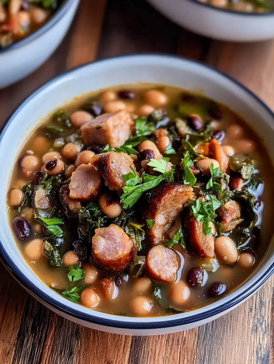 Un bol de soupe consistante aux haricots avec saucisse, légumes verts et persil haché, posé sur une surface en bois.