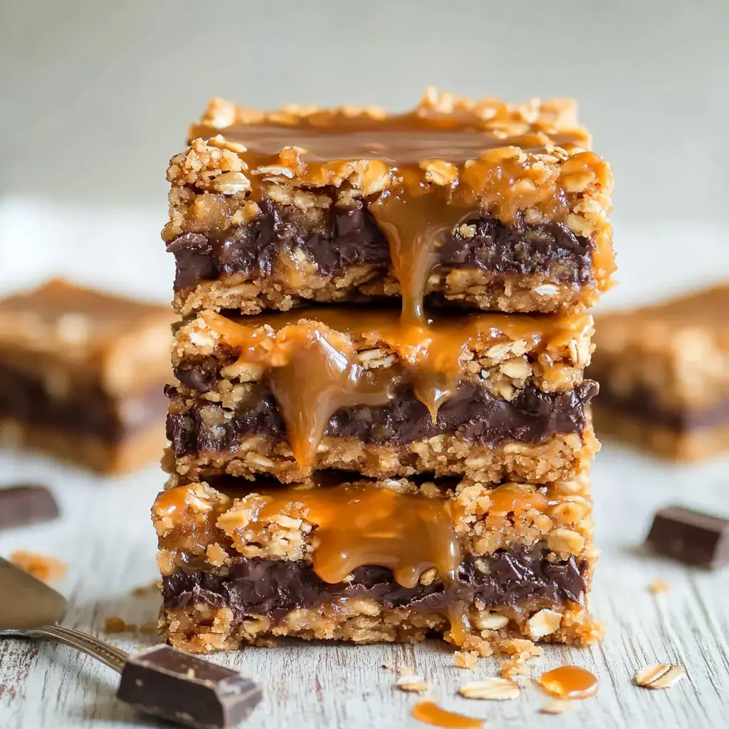 Une pile de quatre délicieux carrés montrant des couches d'avoine, de chocolat et de caramel coulant.