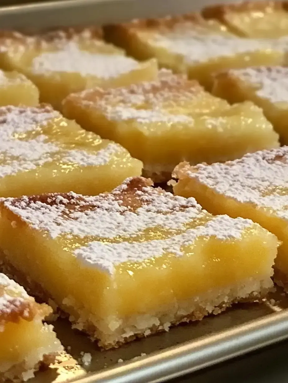 Gros plan de carrés au citron saupoudrés de sucre glace, disposés soigneusement sur une plaque de cuisson.