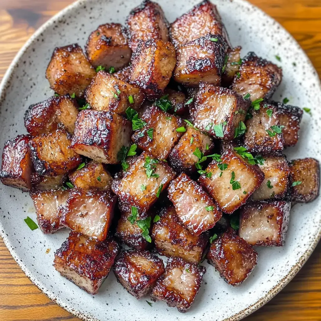 Une assiette de cubes de porc dorés et croustillants garnie d'herbes fraîches vertes.