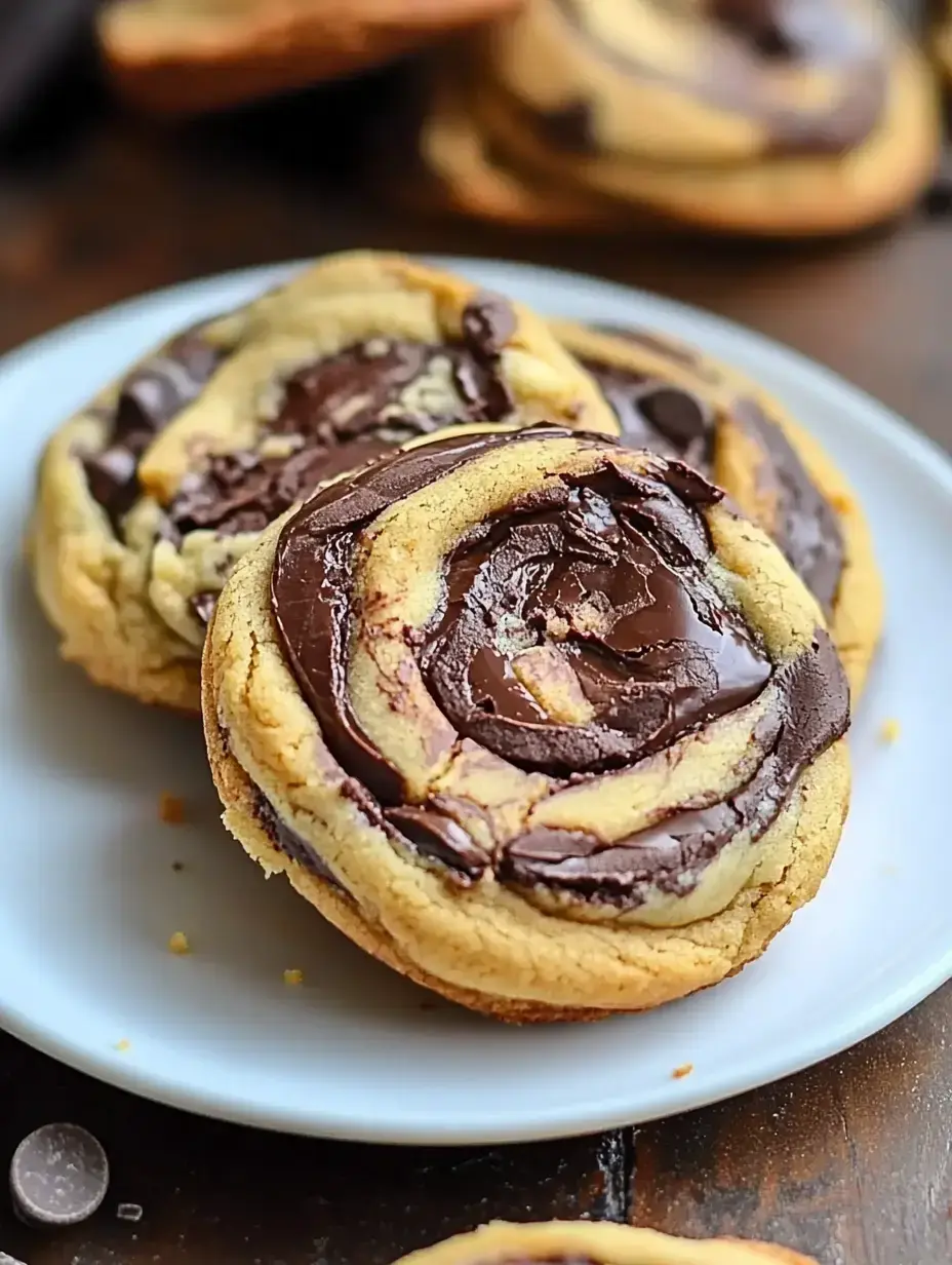 Gros plan de deux cookies marbrés aux pépites de chocolat sur une assiette blanche, montrant une couche riche de chocolat sur le dessus.