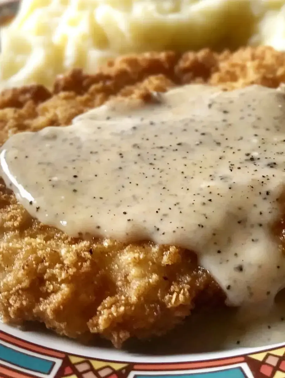 Une assiette avec un filet de poulet frit croustillant nappé de sauce crémeuse, accompagné d'une portion de purée de pommes de terre en arrière-plan.