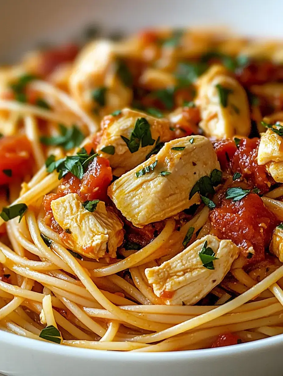 Une image rapprochée de spaghetti garnis de morceaux de poulet et tomates coupées, décorés de persil frais.