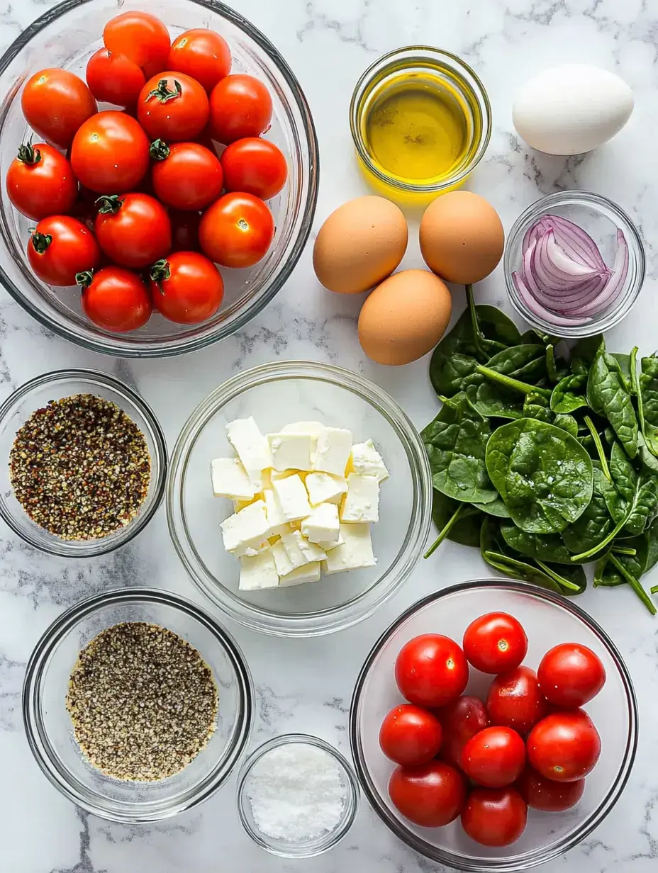 Un assortiment d'ingrédients frais disposés sur un comptoir en marbre, comprenant des tomates cerises, des œufs, des épinards, de l'oignon, de la feta, de l'huile d'olive et des assaisonnements.