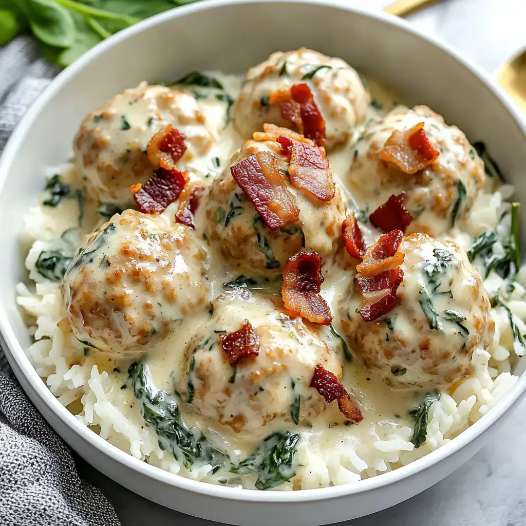 Un bol de riz garni de boulettes dans une sauce crémeuse, accompagné de lardons croustillants et d'épinards.