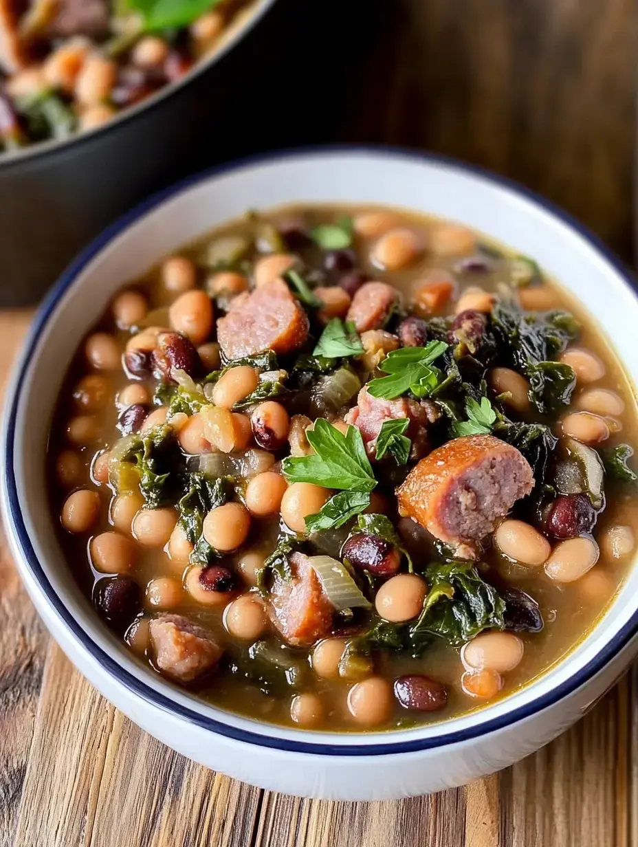 Un bol de soupe consistante aux haricots et saucisse garnie de persil frais, présentée sur un fond en bois.