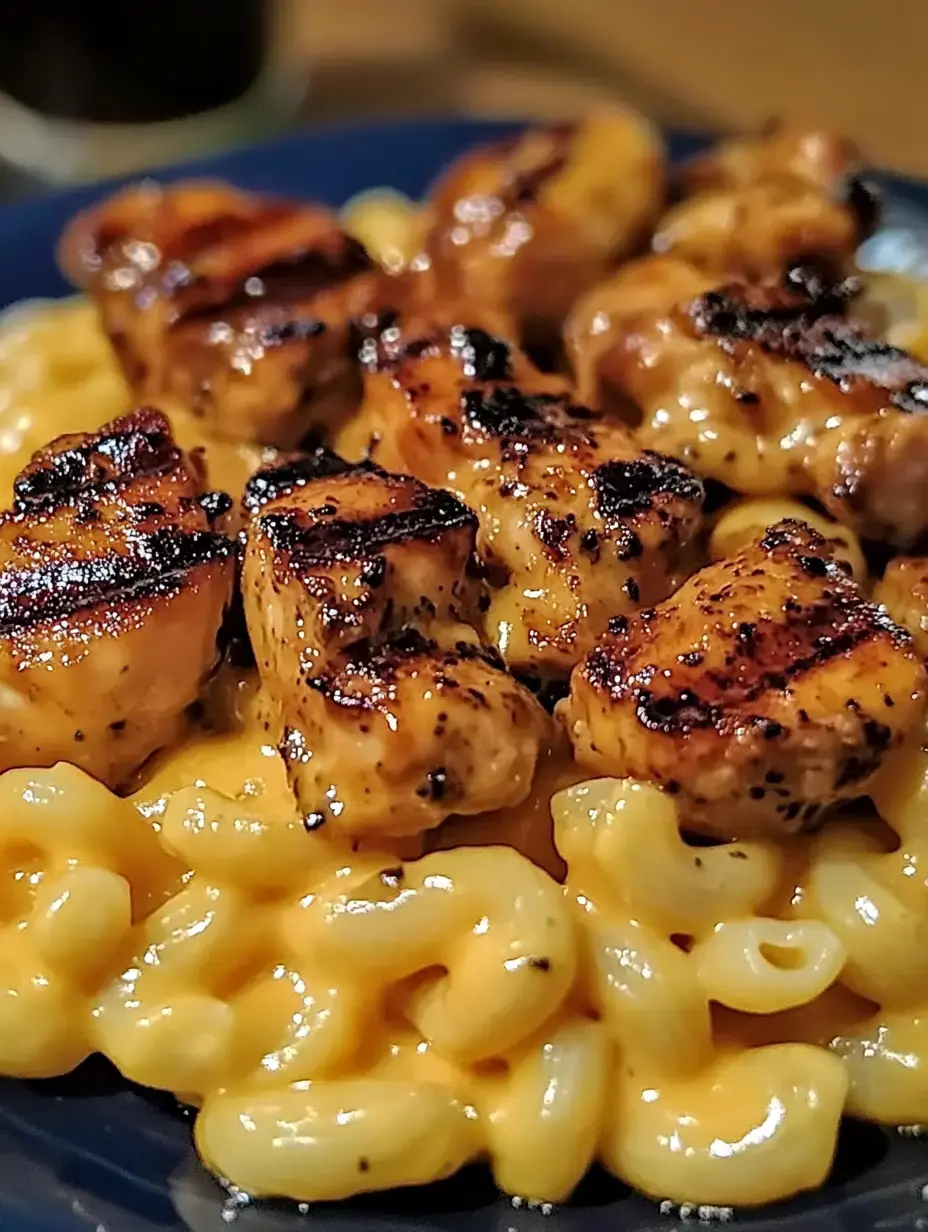 Une assiette de macaronis au fromage garnie de morceaux de poulet grillé.