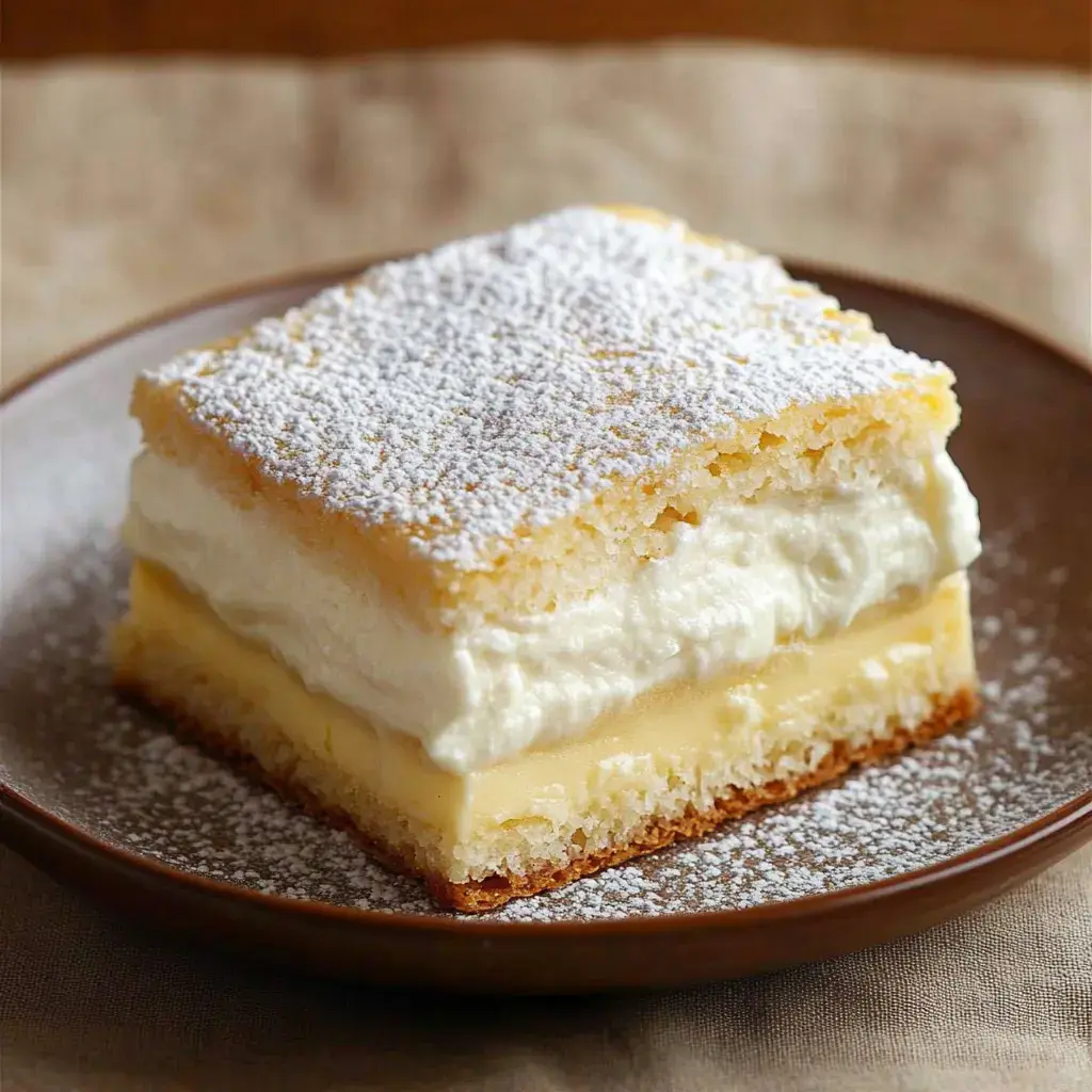 Une part de dessert crémeux en couches saupoudré de sucre glace sur une assiette marron.