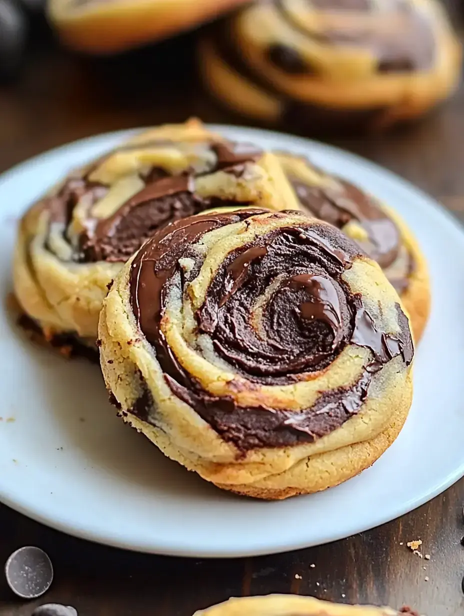 Gros plan de rouleaux de cookies richement marbrés au chocolat et au beurre sur une assiette blanche, avec quelques cookies supplémentaires en arrière-plan.