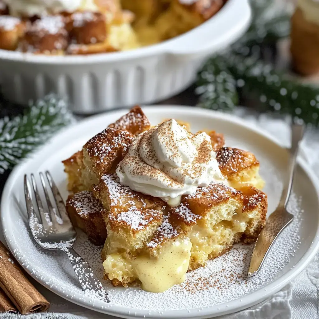 Une part de pain perdu nappée de crème fouettée et saupoudrée de sucre glace, servie sur une assiette blanche avec une fourchette.