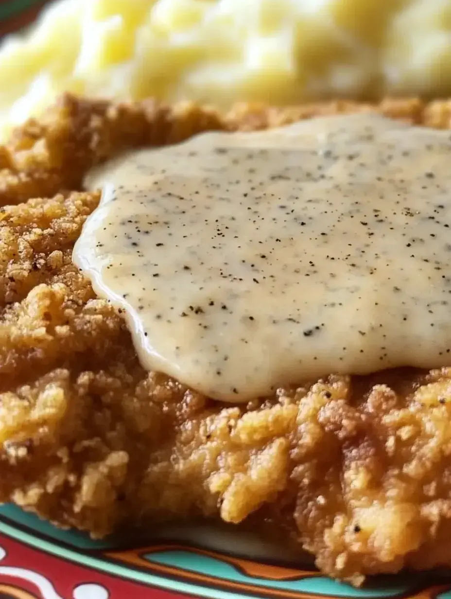 Un gros plan d'un filet de poulet frit croustillant nappé de sauce crémeuse, accompagné d'une portion de purée de pommes de terre en arrière-plan.