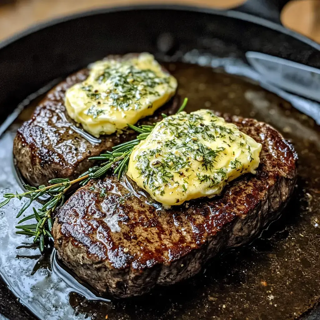 Deux steaks parfaitement saisis garnis de beurre aux herbes et décorés de romarin frais, servis dans une poêle en fonte.