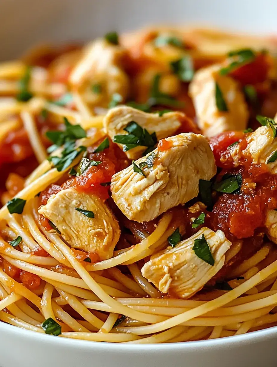Un gros plan de spaghetti garnis de morceaux de poulet, sauce tomate, et persil haché.