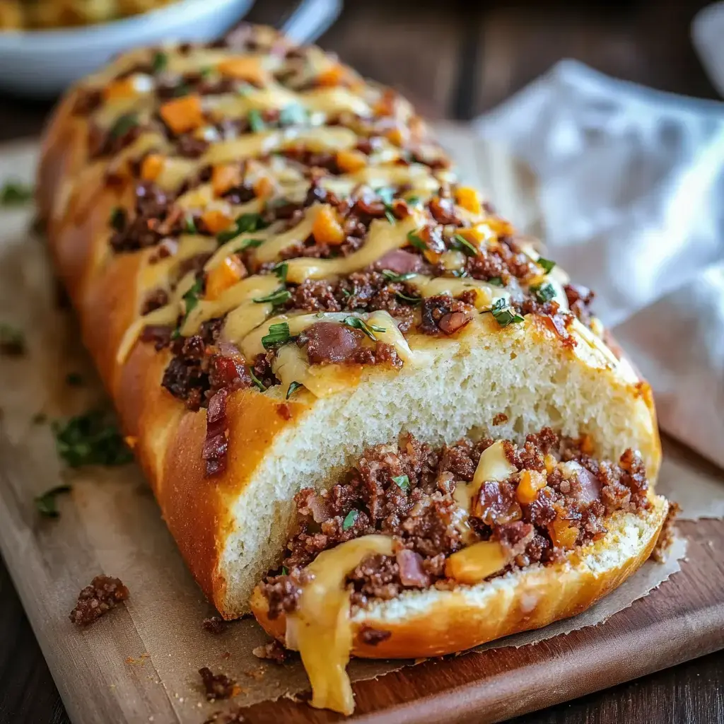 Un pain tranché rempli d'un mélange savoureux de viande hachée, fromage et légumes coupés, garni d'herbes fraîches.