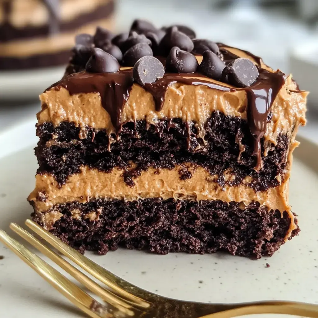 Un gros plan d'une part de gâteau au chocolat avec des couches de glaçage au chocolat et garni de pépites de chocolat, servi sur une assiette avec une fourchette dorée à côté.