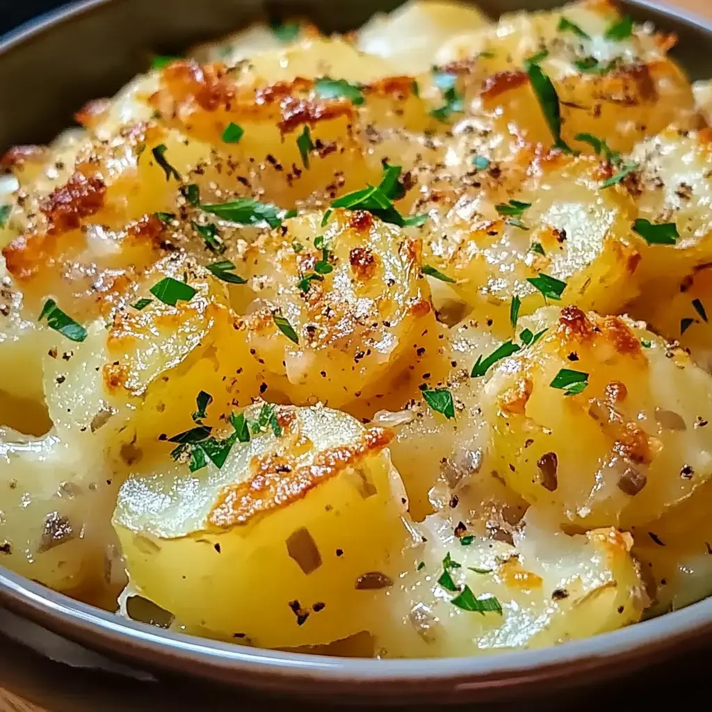Une image en gros plan de pommes de terre dorées garnies d'herbes et d'épices dans un plat de service.