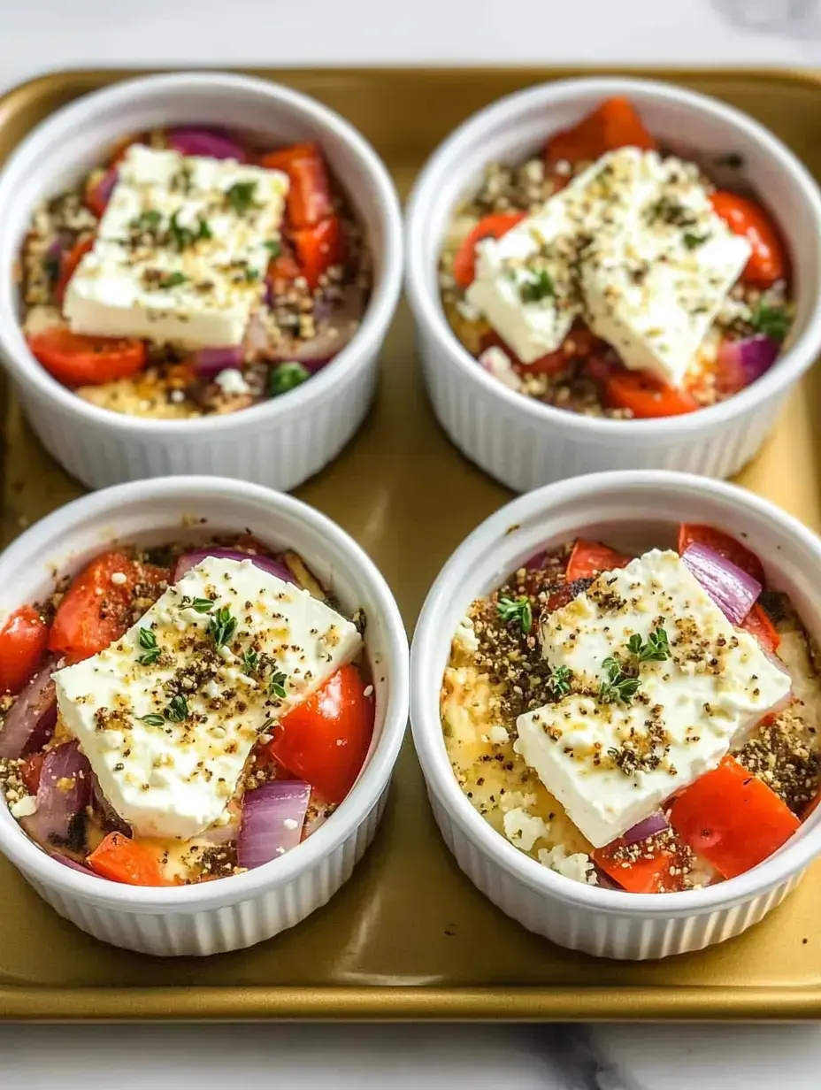 Quatre ramequins remplis de tomates hachées, d'oignons rouges et de blocs de fromage feta, garnis d'herbes et d'épices, disposés sur un plateau doré.