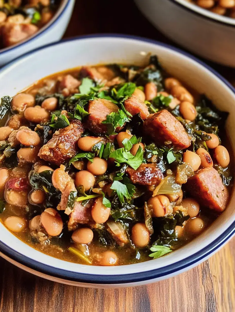 Un bol généreux de haricots, légumes verts et morceaux de viande, garni d'herbes fraîches, présenté sur un fond en bois.