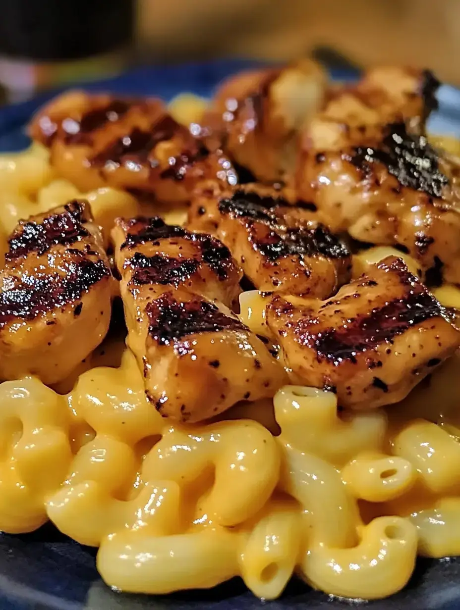 Une assiette de macaronis au fromage crémeux garnie de morceaux de poulet grillé.