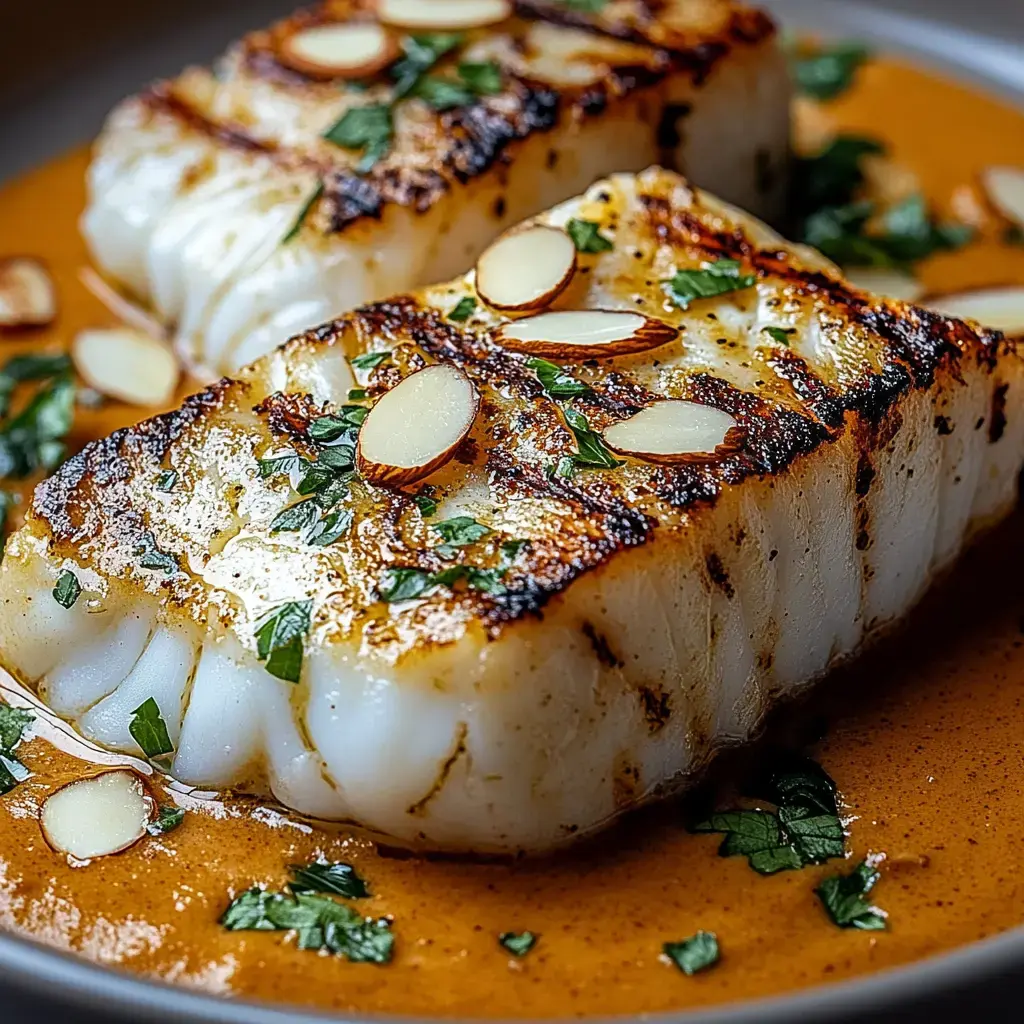 Filets de poisson grillés garnis d'amandes effilées et d'herbes, servis sur une sauce riche.