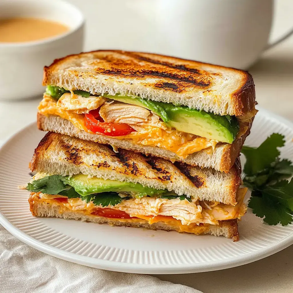 Une pile de sandwichs grillés garnis de poulet émietté, fromage, avocat et poivrons rouges tranchés, garnie de coriandre fraîche, à côté d'une tasse de boisson.