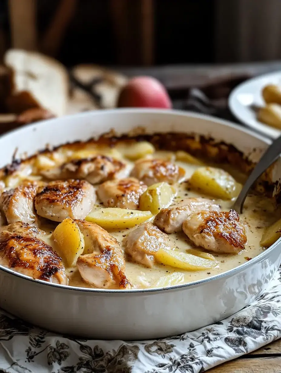 Un plat crémeux de poulet sauté et tranches de pommes dans un plat à four, avec une fourchette posée à l'intérieur.
