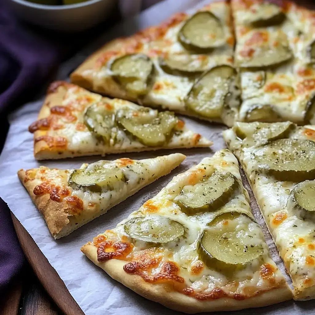 Une pizza garnie de fromage fondu et de tranches de cornichons, avec plusieurs parts coupées et placées sur une planche en bois.